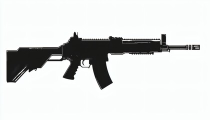Silhouette of a modern assault rifle against a plain background.
