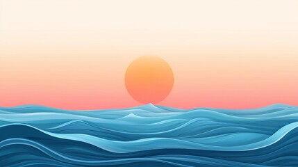 Obraz premium Vivid Flat Design of Ocean Waves Under a Setting Sun with a Gradient Sky
