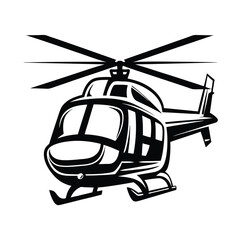 Black Silhouette of Flying Helicopter with Rotor Blades on White Background, Aircraft