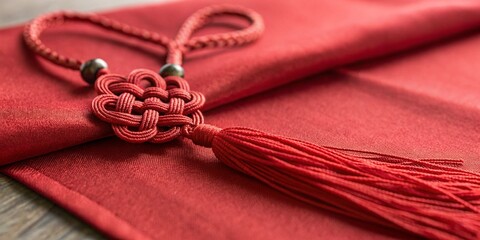 Festive Chinese red knot hanger decorations on rich red textile for New Year celebration no people