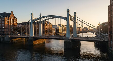Fototapeta premium Bridge Over River at Sunset, Hamburg Germany