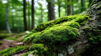 Green moss under forest light with peaceful mood concept. Lush green moss covering a tree trunk in a serene forest.