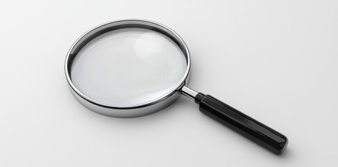 A black-handled magnifying glass rests on a white surface, demonstrating the reflective nature and clarity of its glass