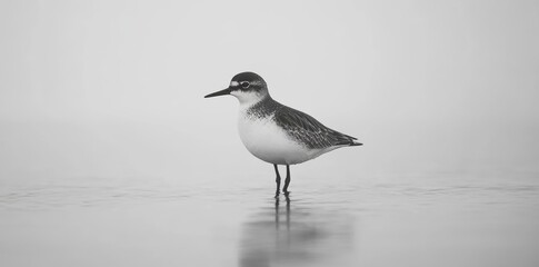 Fototapeta premium A shorebird wades through shallow water on a serene beach morning or evening