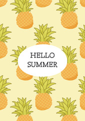 Seamless tropical pineapple pattern with summer greeting in center