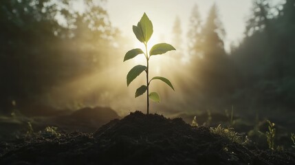 Sunrise Sapling: A New Beginning in the Misty Forest