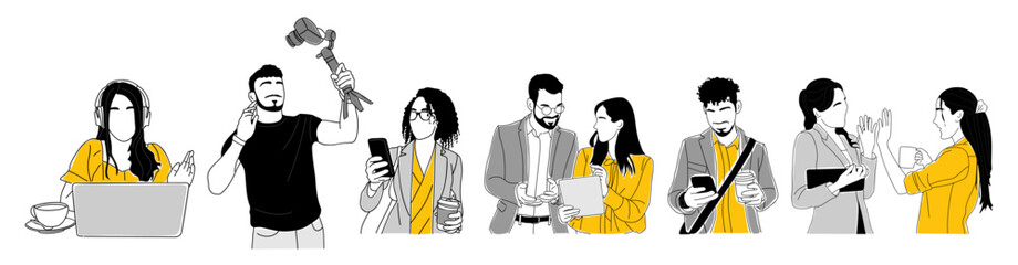 Set of business sketch scenes of different people working together, using phone, laptop, camera. Colored outline vector drawings isolated on transparent background