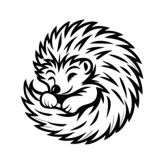 Minimalist Black and White Hedgehog Curled Up Sleeping With Paw on Face