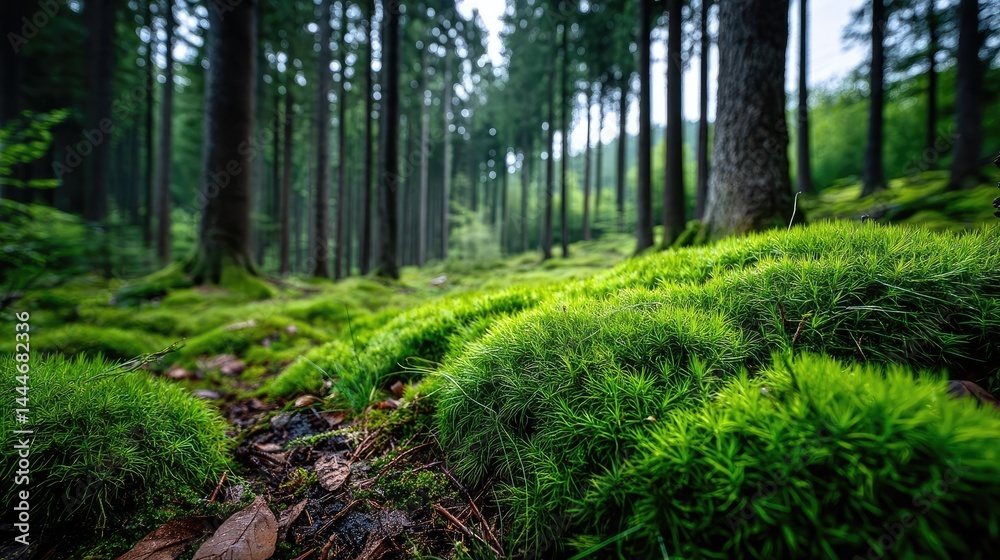 Aufkleber green moss in forest with peaceful relax mood concept. lush greenery in a tranquil forest setting