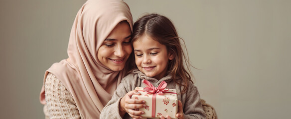 Little girl giving muslim mother wearing hijab a gift happily hug and smile at the camera. Banner for Mother's Day, Parent's Day