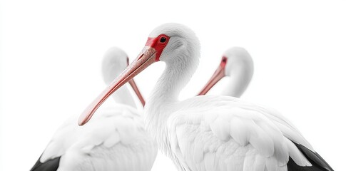 Fototapeta premium During sunset, the shoreline is where white ibises tend to wander, exhibiting their dazzling plumage and exclusive physical features