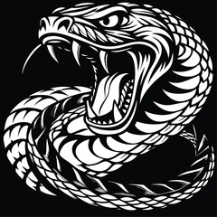 Fototapeta premium Fierce black and white snake tattoo design with intricate scales and open mouth showing fangs, ready to strike.