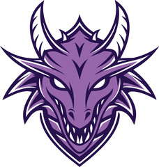 Fototapeta premium Fierce purple dragon head mascot logo – stylized fantasy creature design with sharp horns, glowing eyes, and aggressive expression in vector art style.