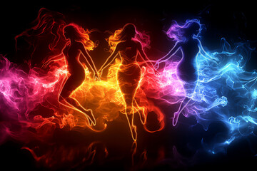 Obraz premium electric colors of stylized musical performers (salsa dancers), dynamic neon outlines, dark stage