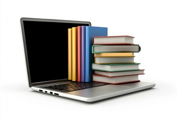 A laptop with books stacked on it creatively showcases a blend of traditional reading and digital technology as learning tools