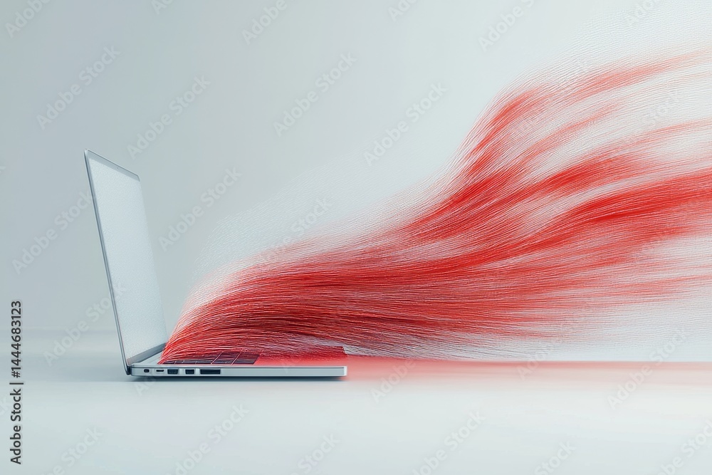 Poster an open laptop on a minimalist background is the source of a creatively digitally represented flow o