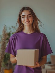Obraz premium Advertisement, advertising, woman in purple t-shirt with clean kraft box in hands, simple clean minimalistic background.