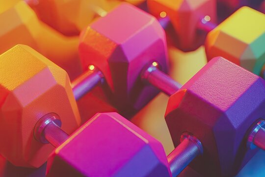 Close-up view of colorful, geometric dumbbells  Bright, vibrant hues of pink, orange, and yellow fill the image, showcasing the detailed