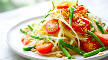 Fresh and Colorful Salad with Green Beans, Cherry Tomatoes, and Shredded Papaya on a White Plate