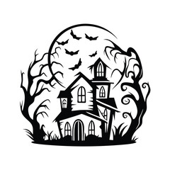 Silhouette House, Bats, Trees, and Full Moon. Isolated Halloween Theme