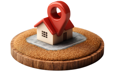 Icon for a location pin with a house symbol on top of a patch of grass, with a transparent background