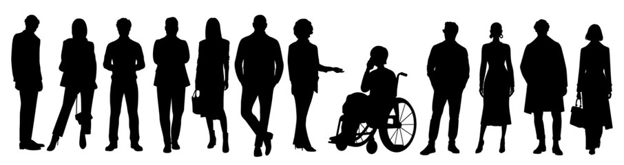 Silhouettes of diverse business people standing, men and women full length, disabled person sitting in wheelchair. Inclusive business concept. Vector illustration isolated on white background. © Creative_Juice_Art