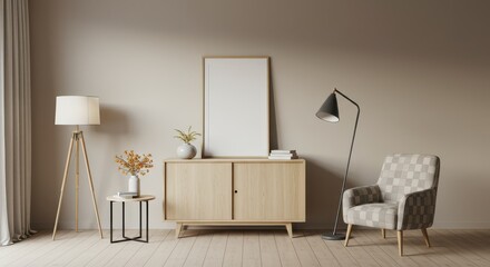 Interior view of a living room with a cabinet, lamp, chair, and a blank picture frame on the cabinet