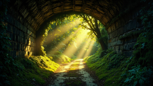 Fototapeta Mysterious tunnel pathway with sun rays beaming through the trees. A road leads to the light at the end of the tunnel.