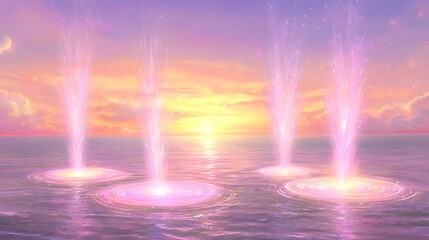 Enchanting Water Fountains Emanating Vibrant Colors at Sunset