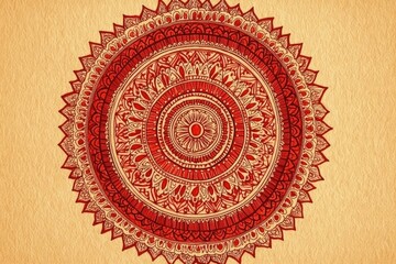 Intricate red and beige mandala design on a textured background  Detailed concentric circles with floral and geometric patterns