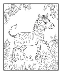 Obraz premium Adorable zebra in jungle nature background coloring page for kids, black line art vector illustration on white background