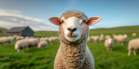 Fototapeta premium Curious Sheep on a Countryside Farm with Peaceful Background