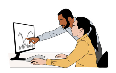 Business couple, man and woman sitting at the desk looking at computer display with stock or cryptocurrency trading analytic charts. Colored outline hand drawn illustration on transparent background.