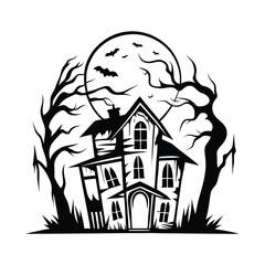 Spooky Mansion Silhouette, Full Moon, Bats Flying, Bare Trees, Monochrome, Horror Theme