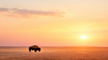 Majestic bison grazes at sunrise over a vast prairie