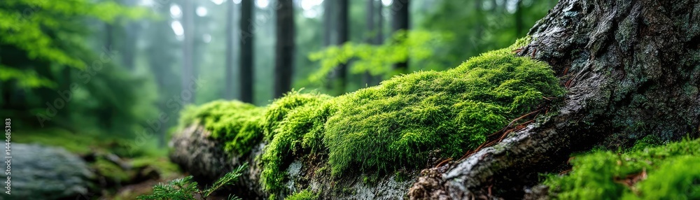Poster green moss under forest light with peaceful mood concept. moss-covered tree trunk in a tranquil fore
