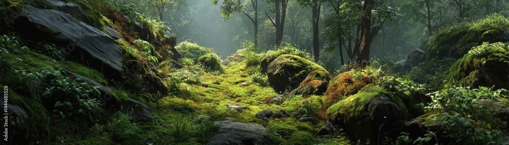 Poster Green moss between grass and forest with relax mood concept. Lush green forest with sunlight filtering through the trees.