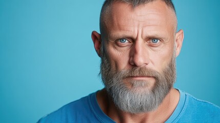 Fototapeta premium Mature Man Gray Beard, Blue Shirt, Studio Portrait, High-Resolution Sharp Focus, Close-up Headshot, Intense Gaze, Solid Blue Background, Serene Cool Tones, Ideal for Branding Campaigns