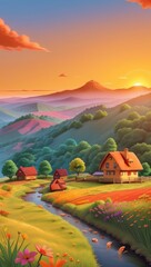 Vast green fields stretch under a blue sky in a peaceful rural countryside, a scene of summer agriculture