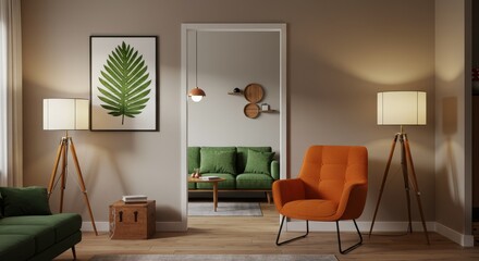 Living room interior featuring a green sofa orange chair and leaf artwork with tripod lamps and doorway view