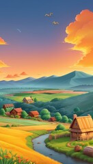 Vast green fields stretch under a blue sky in a peaceful rural countryside, a scene of summer agriculture