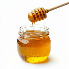 Glass Jar of Honey with Wooden Dipper Dripping Honey – Isolated on White Background Stock Photo