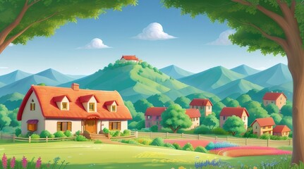 Vast green fields stretch under a blue sky in a peaceful rural countryside, a scene of summer agriculture