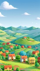 Vast green fields stretch under a blue sky in a peaceful rural countryside, a scene of summer agriculture
