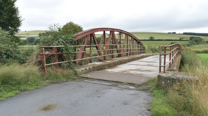 Rustic iron bridge spanning rural landscape