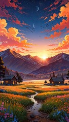 Golden light bathes the alpine landscape with a mountain hut under the vast sky at sunrise or sunset