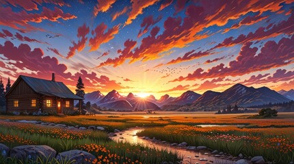 Golden light bathes the alpine landscape with a mountain hut under the vast sky at sunrise or sunset