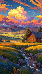 Golden light bathes the alpine landscape with a mountain hut under the vast sky at sunrise or sunset
