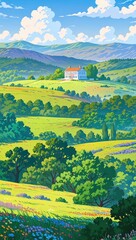 Vast green fields stretch under a blue sky in a peaceful rural countryside, a scene of summer agriculture