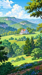 Vast green fields stretch under a blue sky in a peaceful rural countryside, a scene of summer agriculture